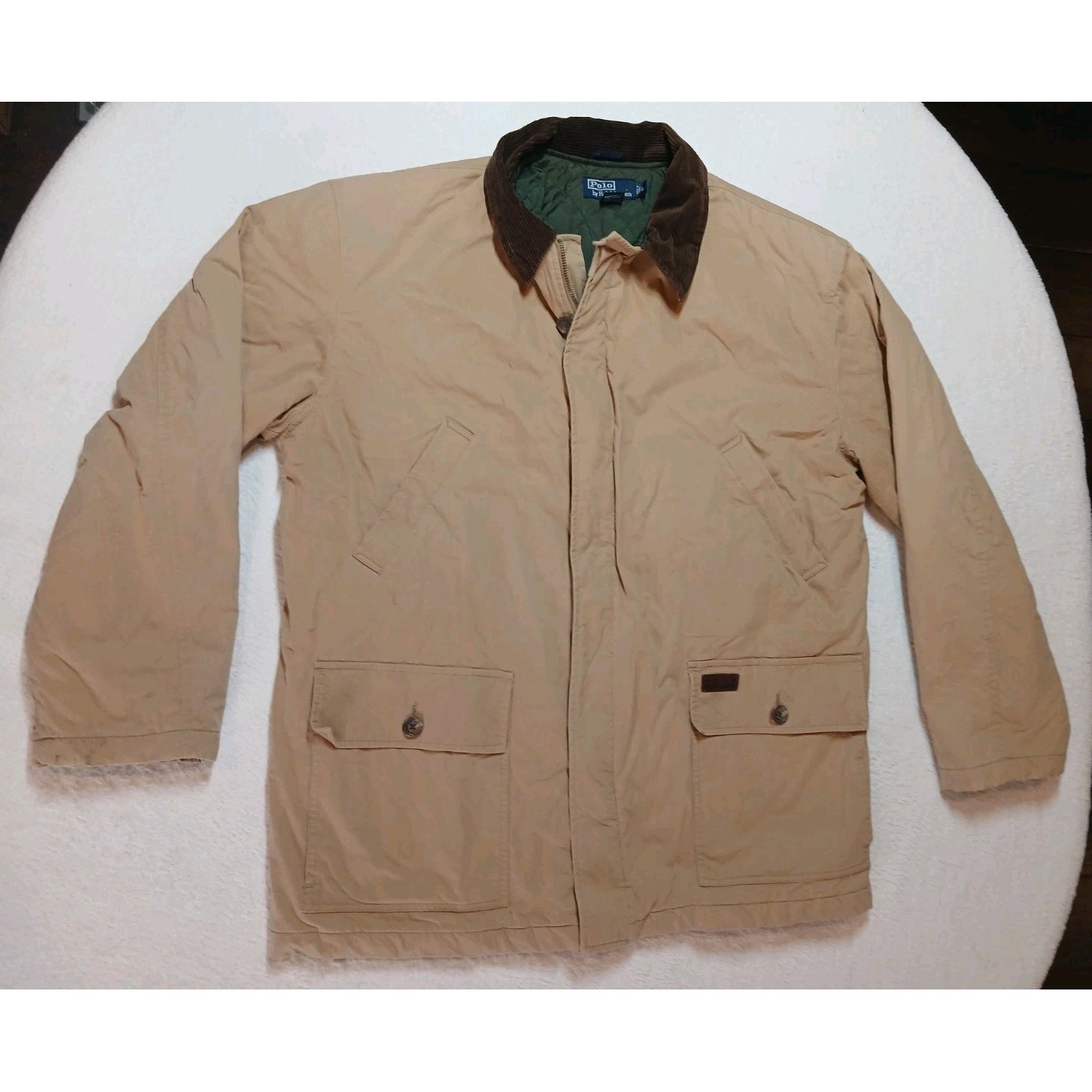 Polo Ralph Lauren Mens Large Tan Jacket Coat Green Diamond Quilted Lining